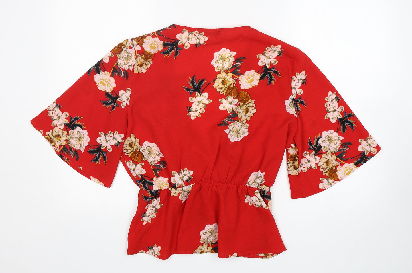 Quiz Womens Red Floral Polyester Kimono Blouse Size 14 V-Neck