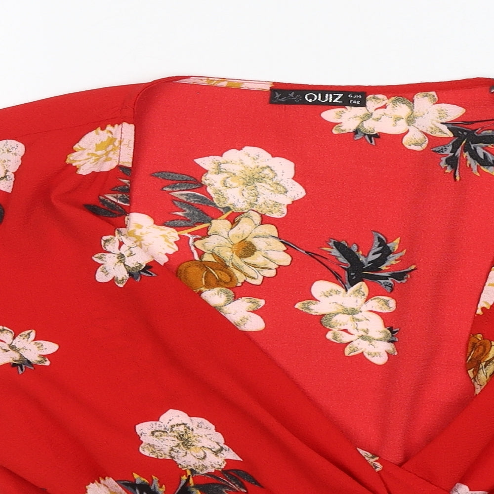 Quiz Womens Red Floral Polyester Kimono Blouse Size 14 V-Neck
