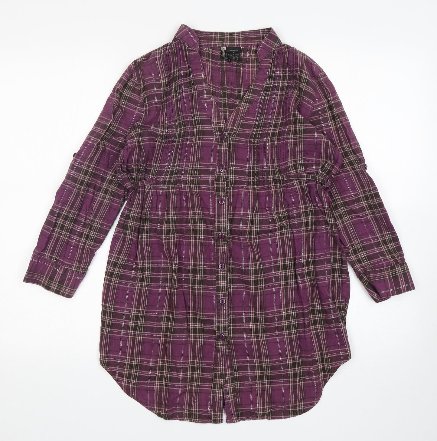 Passport Womens Purple Plaid Cotton Basic Button-Up Size S V-Neck