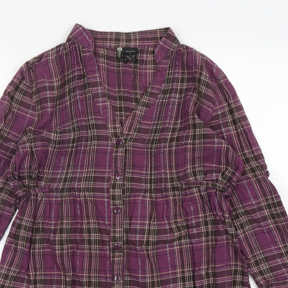 Passport Womens Purple Plaid Cotton Basic Button-Up Size S V-Neck