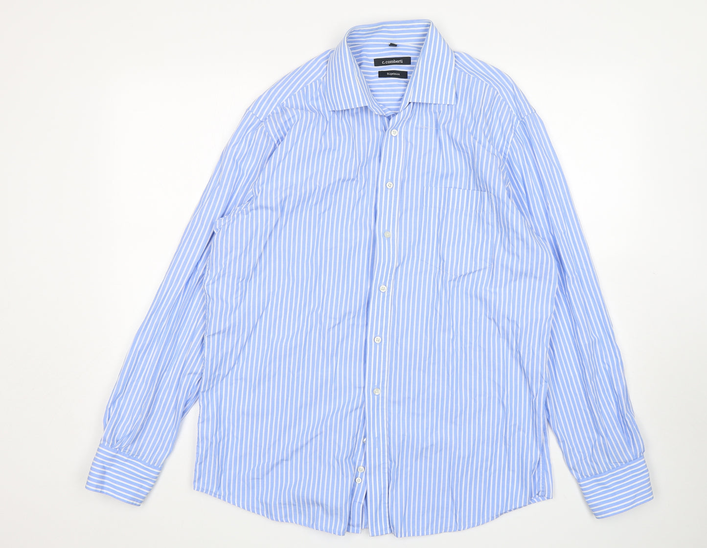 C.Comberti Mens Blue Striped Cotton  Dress Shirt Size L Collared