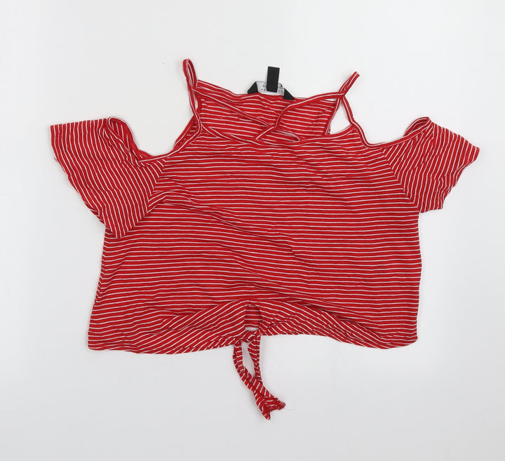 New Look Girls Red Striped Cotton Basic Tank Size 12-13 Years V-Neck Pullover - cold shoulder