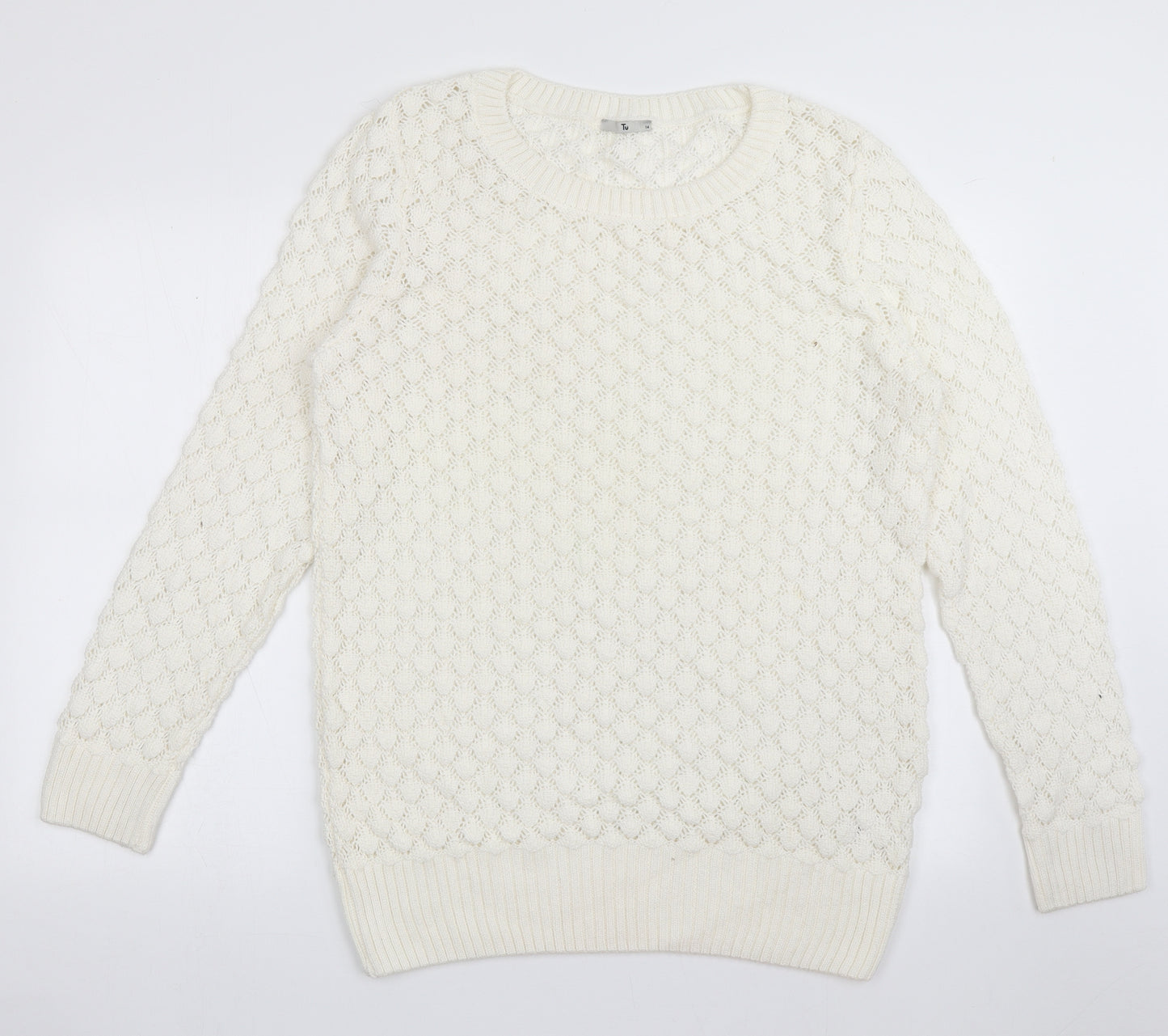 sainsburys Womens White Crew Neck Argyle/Diamond Cotton Pullover Jumper Size 14