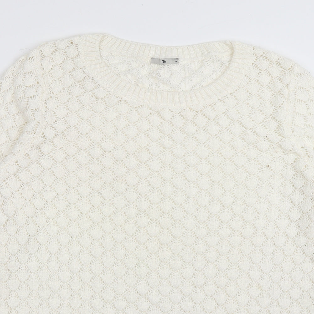 sainsburys Womens White Crew Neck Argyle/Diamond Cotton Pullover Jumper Size 14