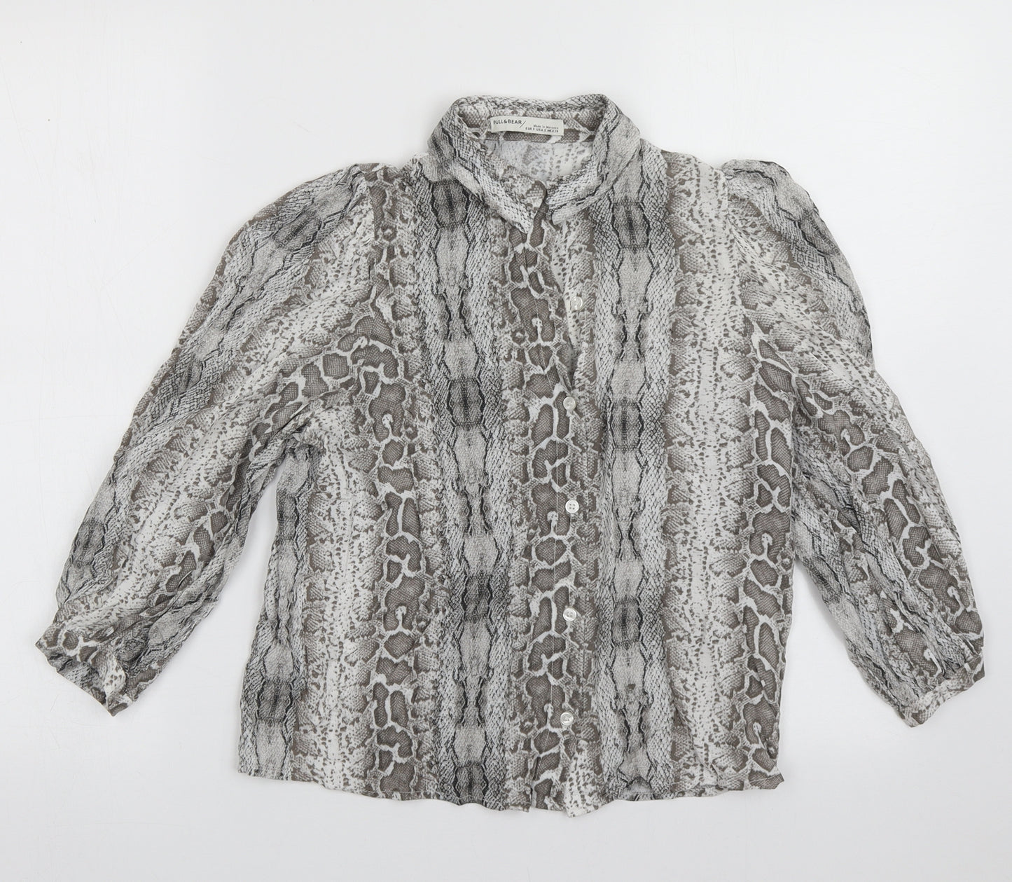 Pull&Bear Womens Grey Animal Print Viscose Basic Button-Up Size S Collared