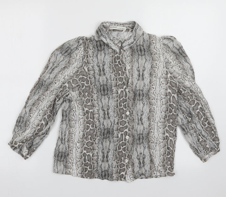 Pull&Bear Womens Grey Animal Print Viscose Basic Button-Up Size S Collared