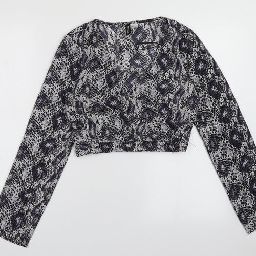 H&M Womens Purple Animal Print Polyester Cropped Blouse Size 4 V-Neck