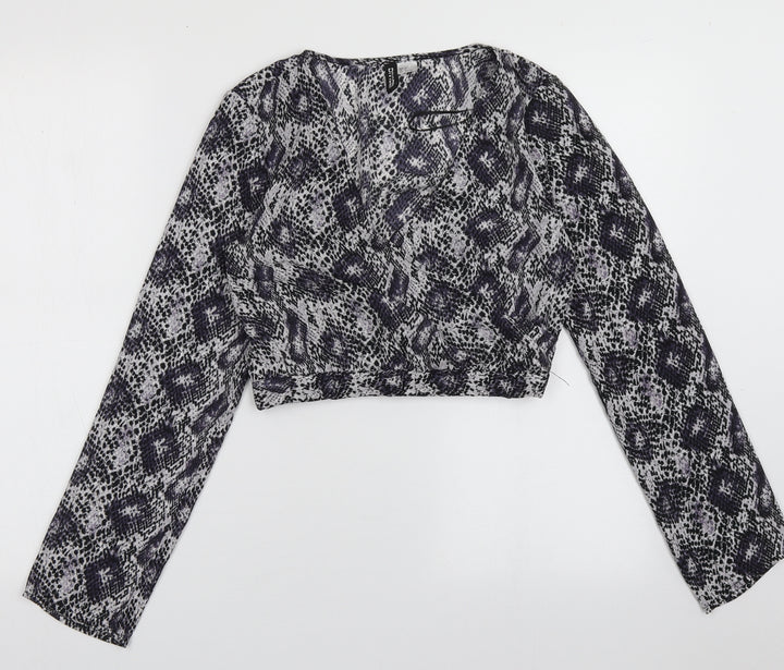 H&M Womens Purple Animal Print Polyester Cropped Blouse Size 4 V-Neck