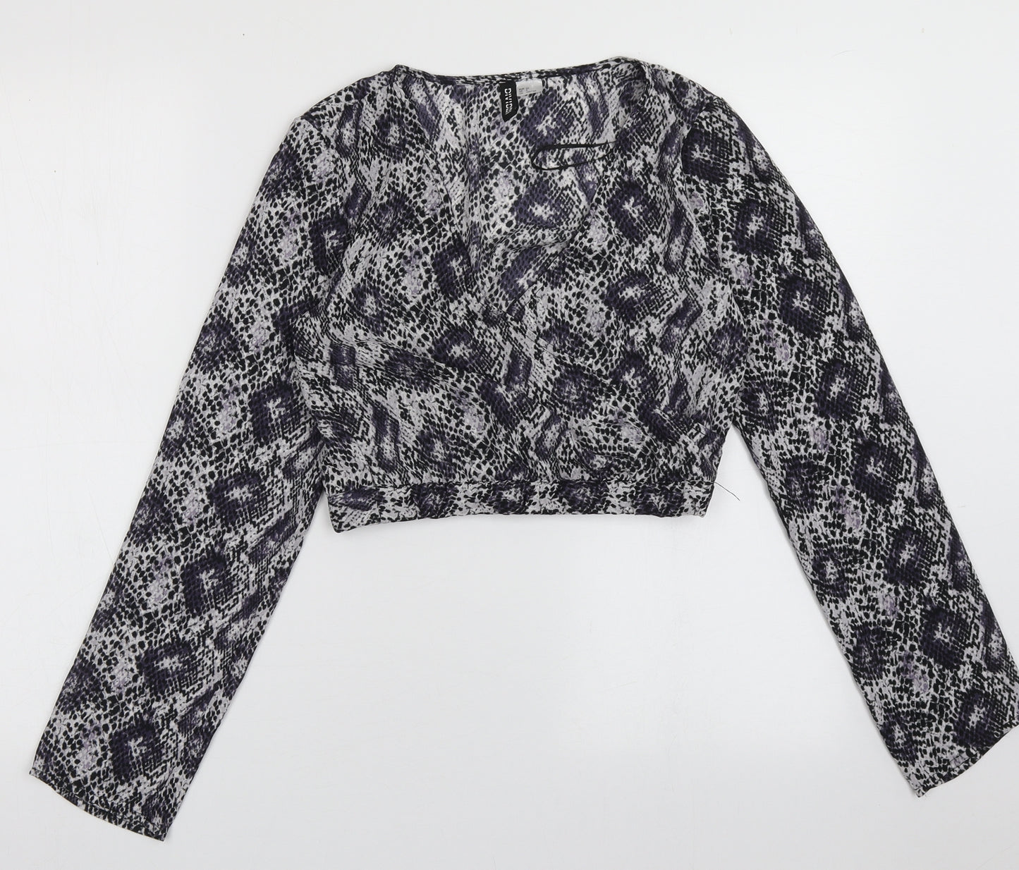 H&M Womens Purple Animal Print Polyester Cropped Blouse Size 4 V-Neck