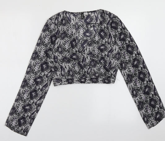 Front view of H&M women’s purple animal print polyester cropped blouse, size UK 4, v-neck