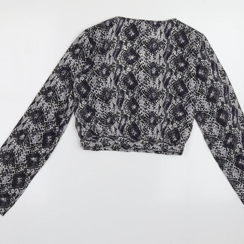 H&M Womens Purple Animal Print Polyester Cropped Blouse Size 4 V-Neck