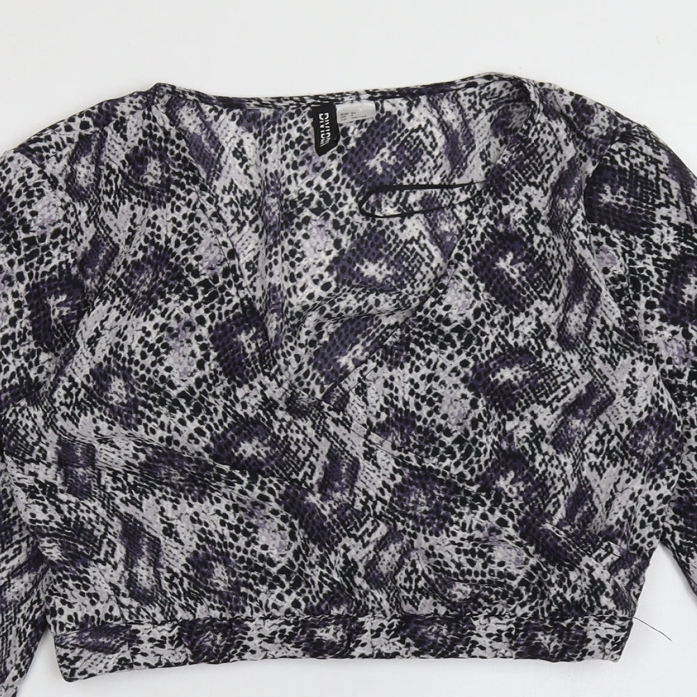 H&M Womens Purple Animal Print Polyester Cropped Blouse Size 4 V-Neck