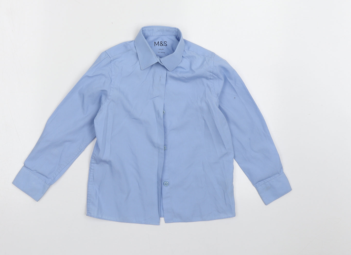 Marks and Spencer Boys Blue  Cotton Basic Button-Up Size 5-6 Years Collared Button - school wear