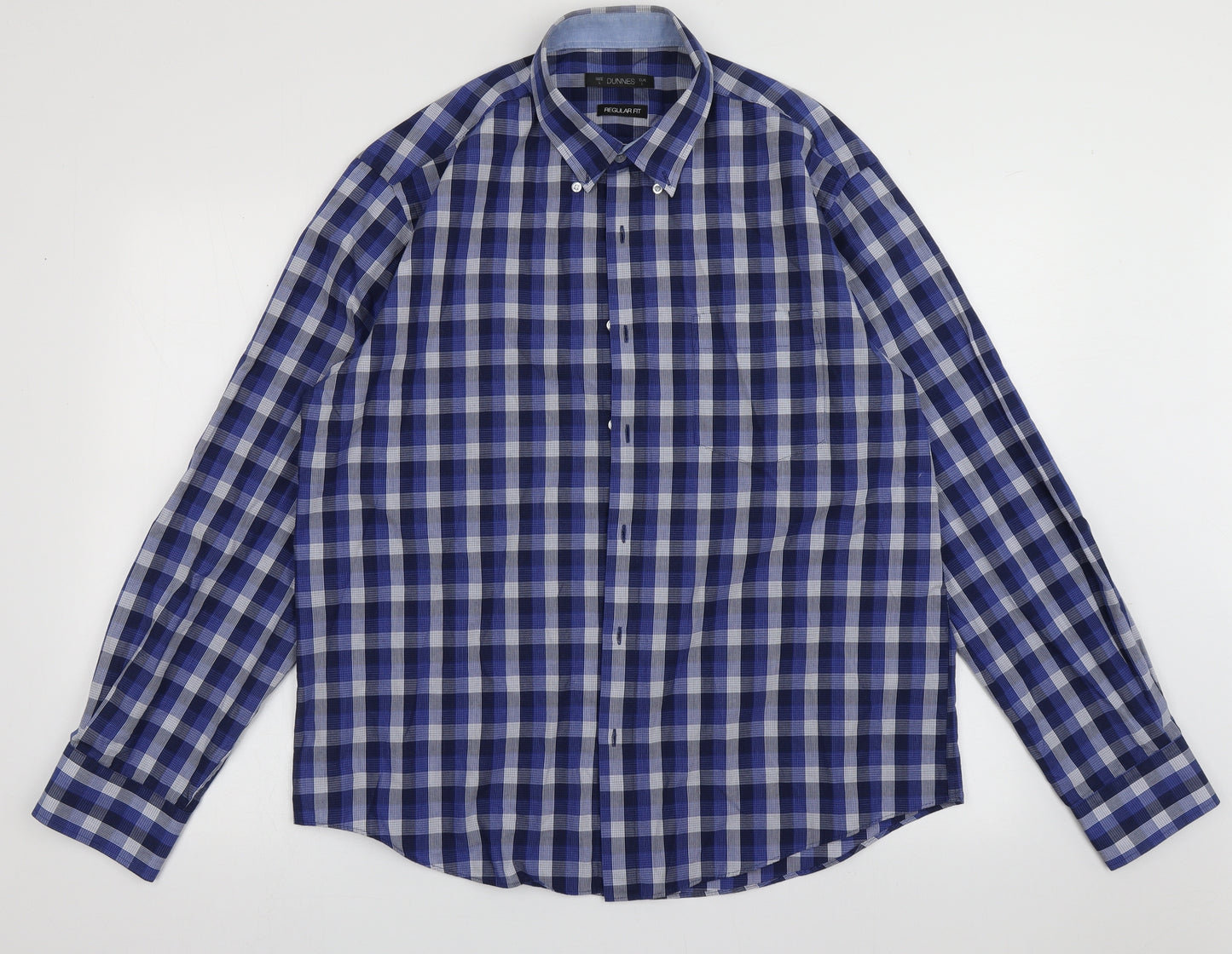 dunnes Mens Blue Check Cotton  Button-Up Size L Collared Button