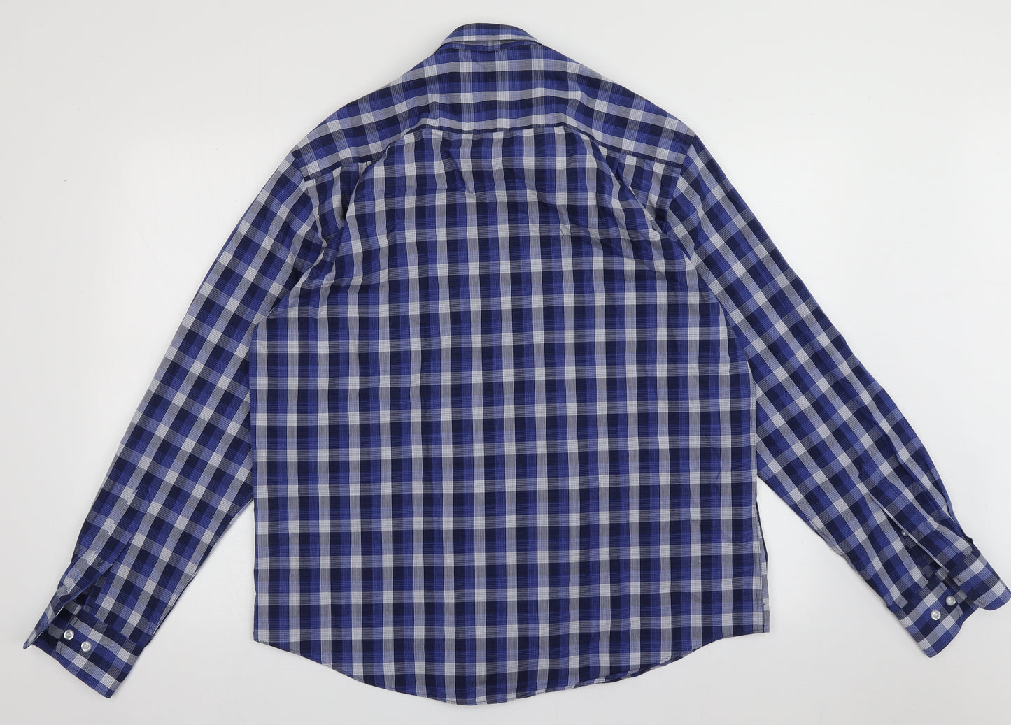 dunnes Mens Blue Check Cotton  Button-Up Size L Collared Button