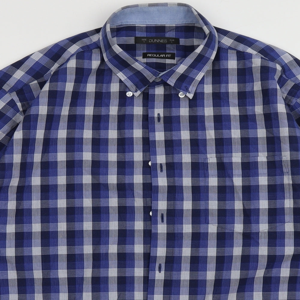 dunnes Mens Blue Check Cotton  Button-Up Size L Collared Button