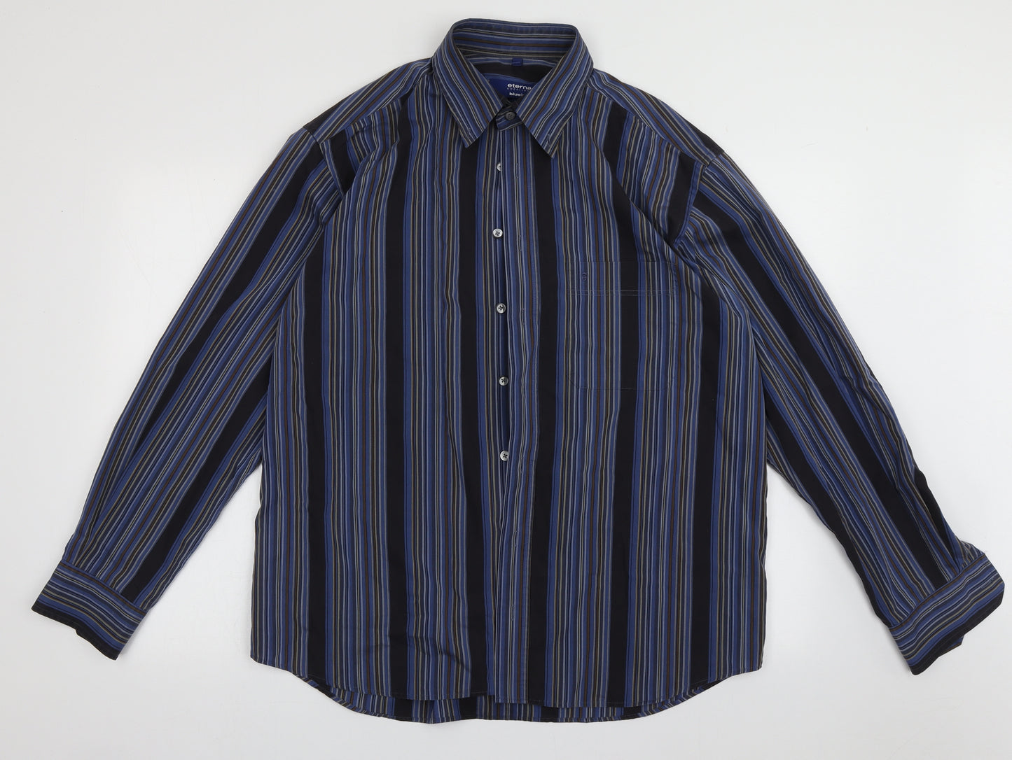 Eterna Mens Black Striped Cotton  Button-Up Size 16.5 Collared Button