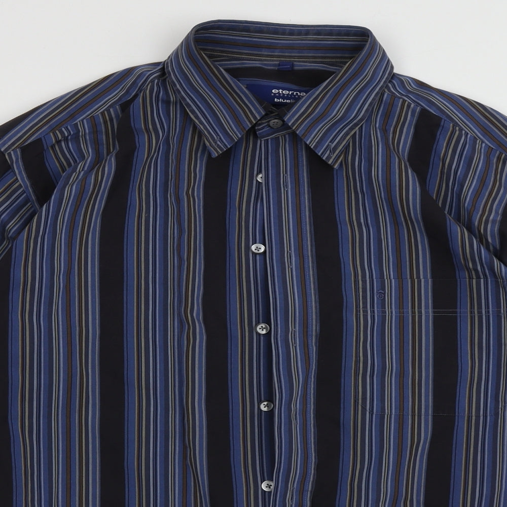 Eterna Mens Black Striped Cotton  Button-Up Size 16.5 Collared Button