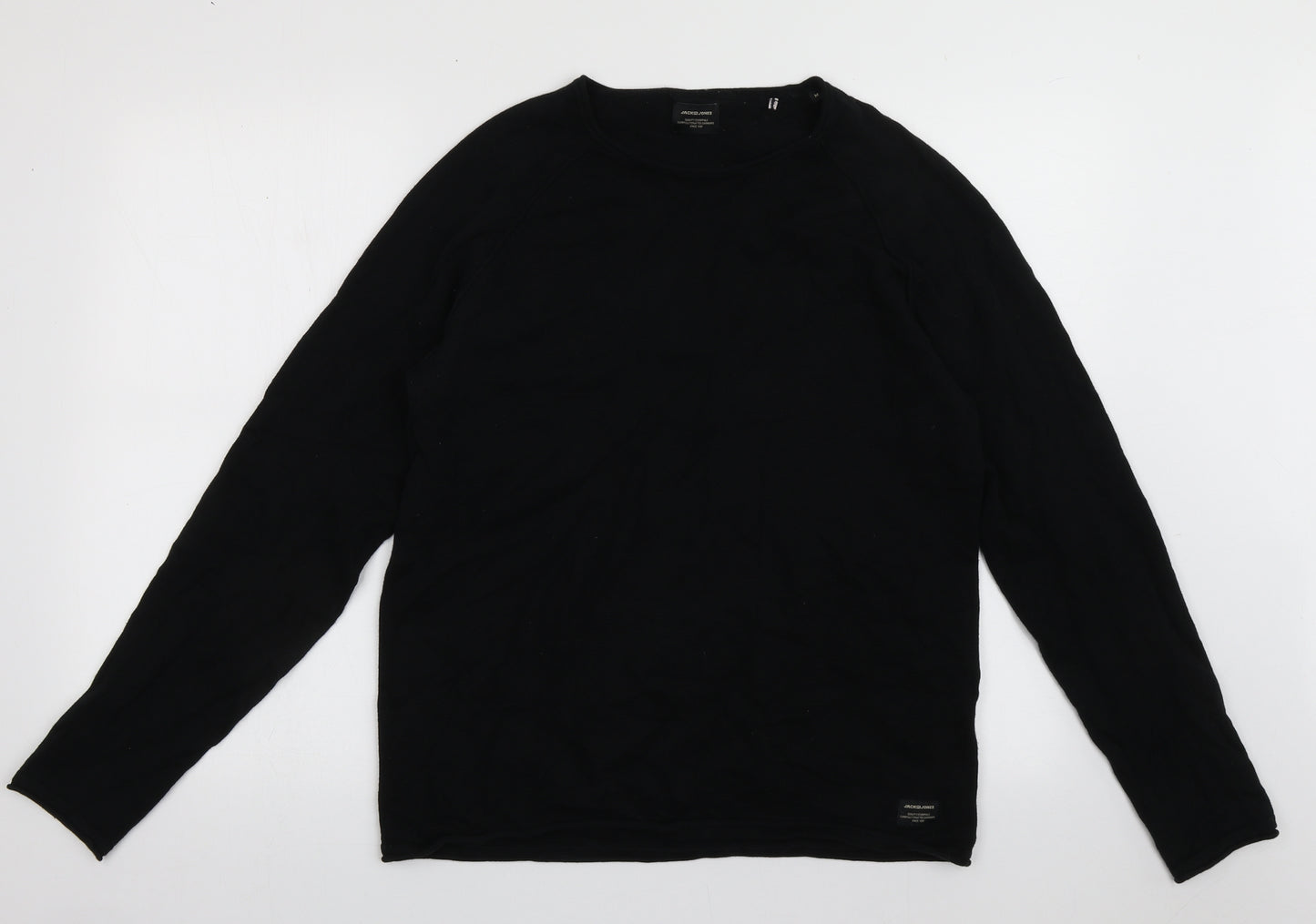 JACK & JONES Mens Black Crew Neck  Cotton Pullover Jumper Size M