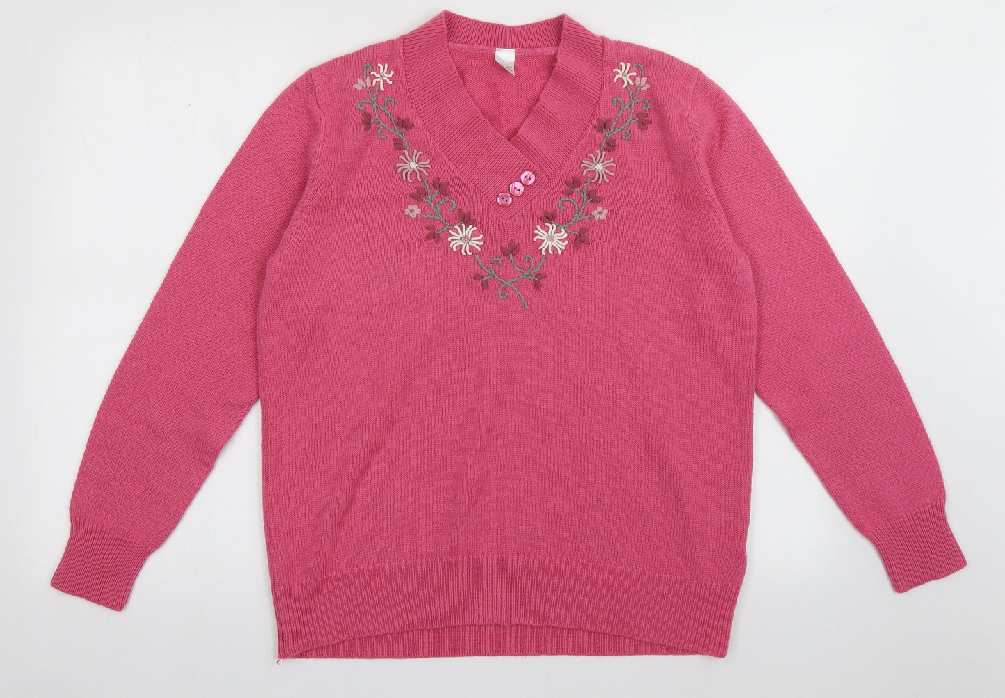 Preworn Womens Pink V-Neck Fair Isle Acrylic Pullover Jumper Size 14