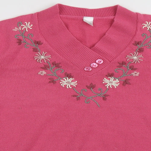 Preworn Womens Pink V-Neck Fair Isle Acrylic Pullover Jumper Size 14