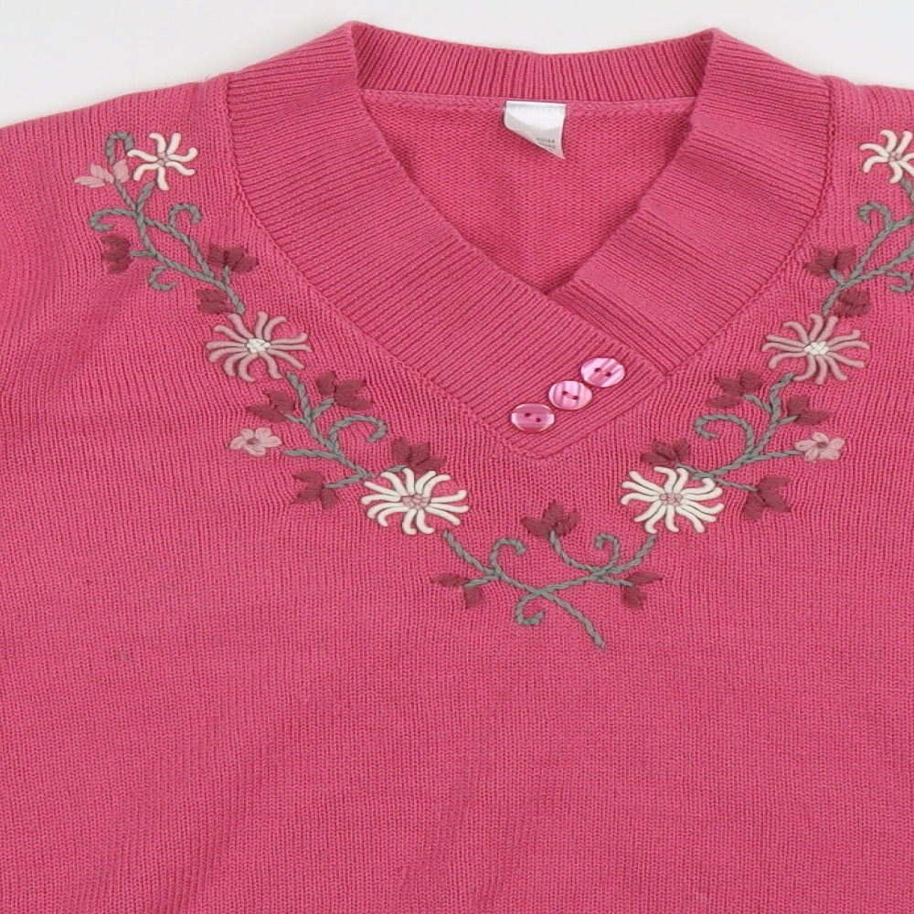 Preworn Womens Pink V-Neck Fair Isle Acrylic Pullover Jumper Size 14