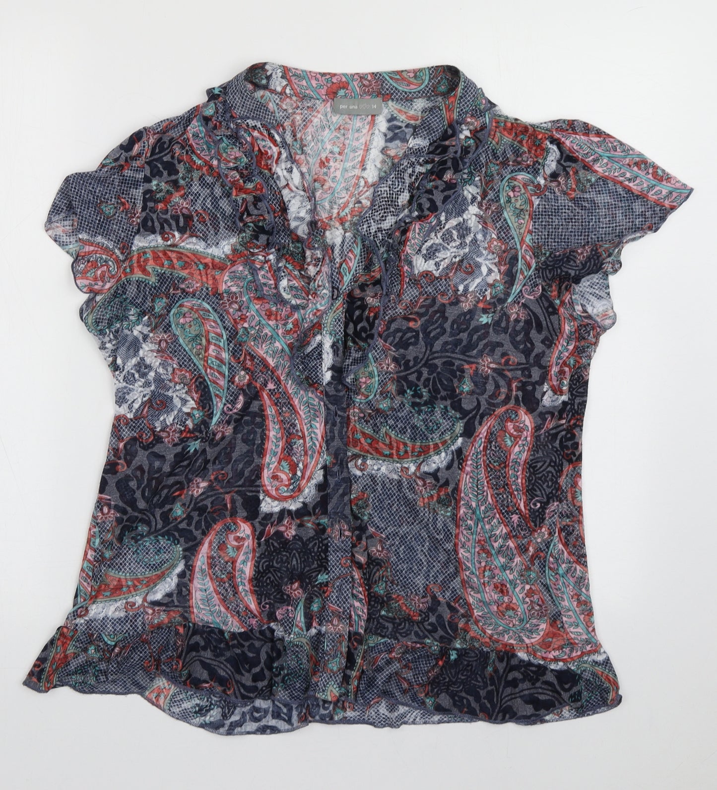 Marks and Spencer Womens Blue Geometric Polyester Basic Button-Up Size 14 V-Neck
