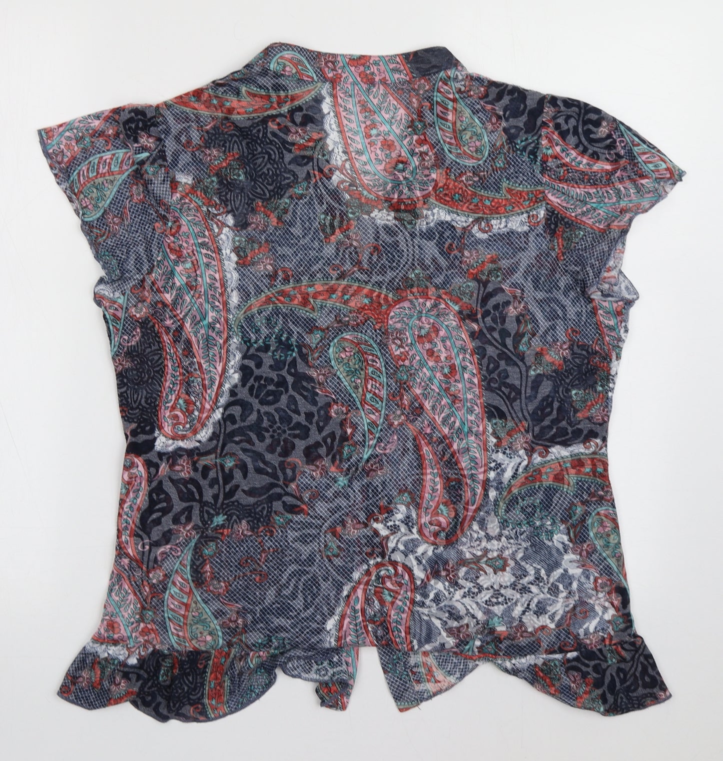 Marks and Spencer Womens Blue Geometric Polyester Basic Button-Up Size 14 V-Neck