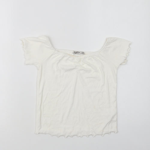 Stradivarius Womens White  Viscose Cropped Blouse Size L Round Neck