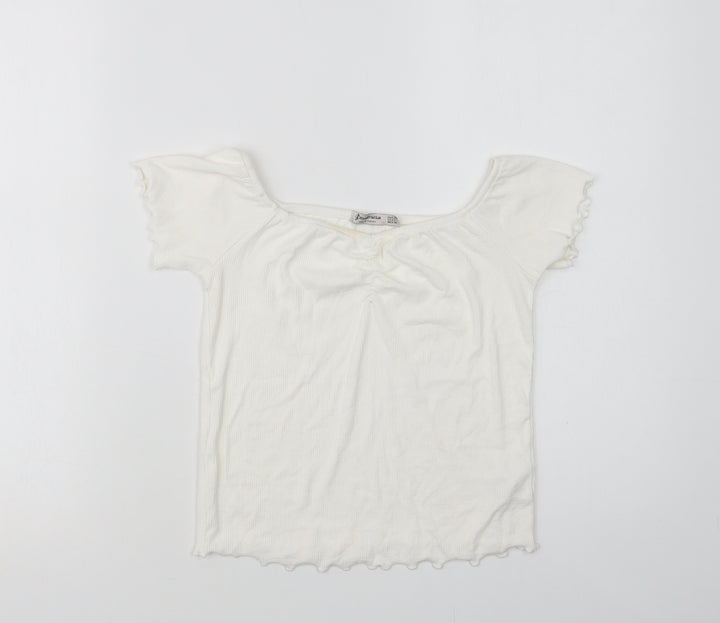 Stradivarius Womens White Viscose Cropped Blouse Size L Round Neck