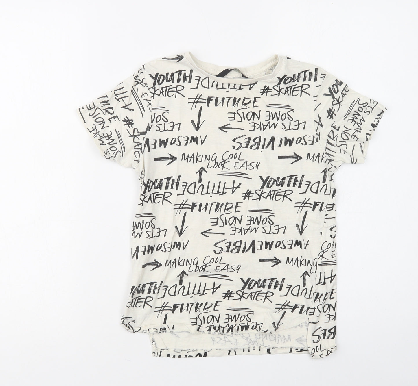 George Boys White Geometric Cotton Basic T-Shirt Size 9-10 Years Crew Neck