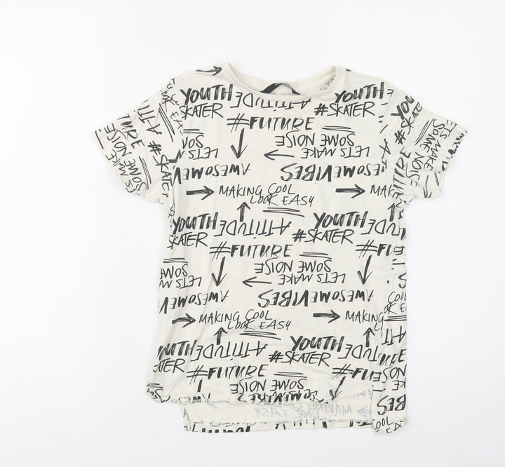 George Boys White Geometric Cotton Basic T-Shirt Size 9-10 Years Crew Neck