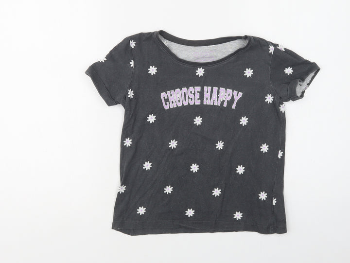 Primark Girls Grey Floral Cotton Basic Polo Size 9-10 Years Crew Neck  - Happy