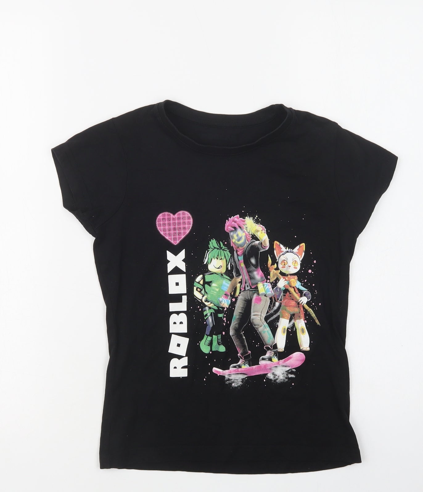 Preworn Girls Black  Cotton Basic T-Shirt Size 7-8 Years Crew Neck