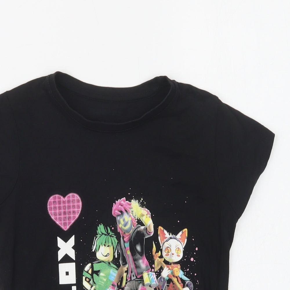 Preworn Girls Black  Cotton Basic T-Shirt Size 7-8 Years Crew Neck
