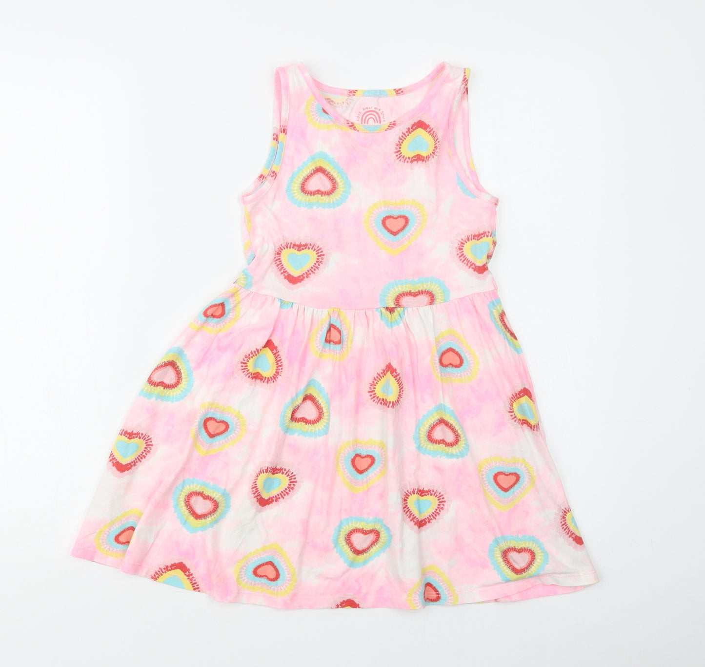 F&F Girls Pink Geometric Cotton Tank Dress  Size 9-10 Years  Crew Neck