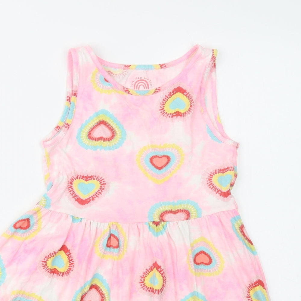 F&F Girls Pink Geometric Cotton Tank Dress  Size 9-10 Years  Crew Neck