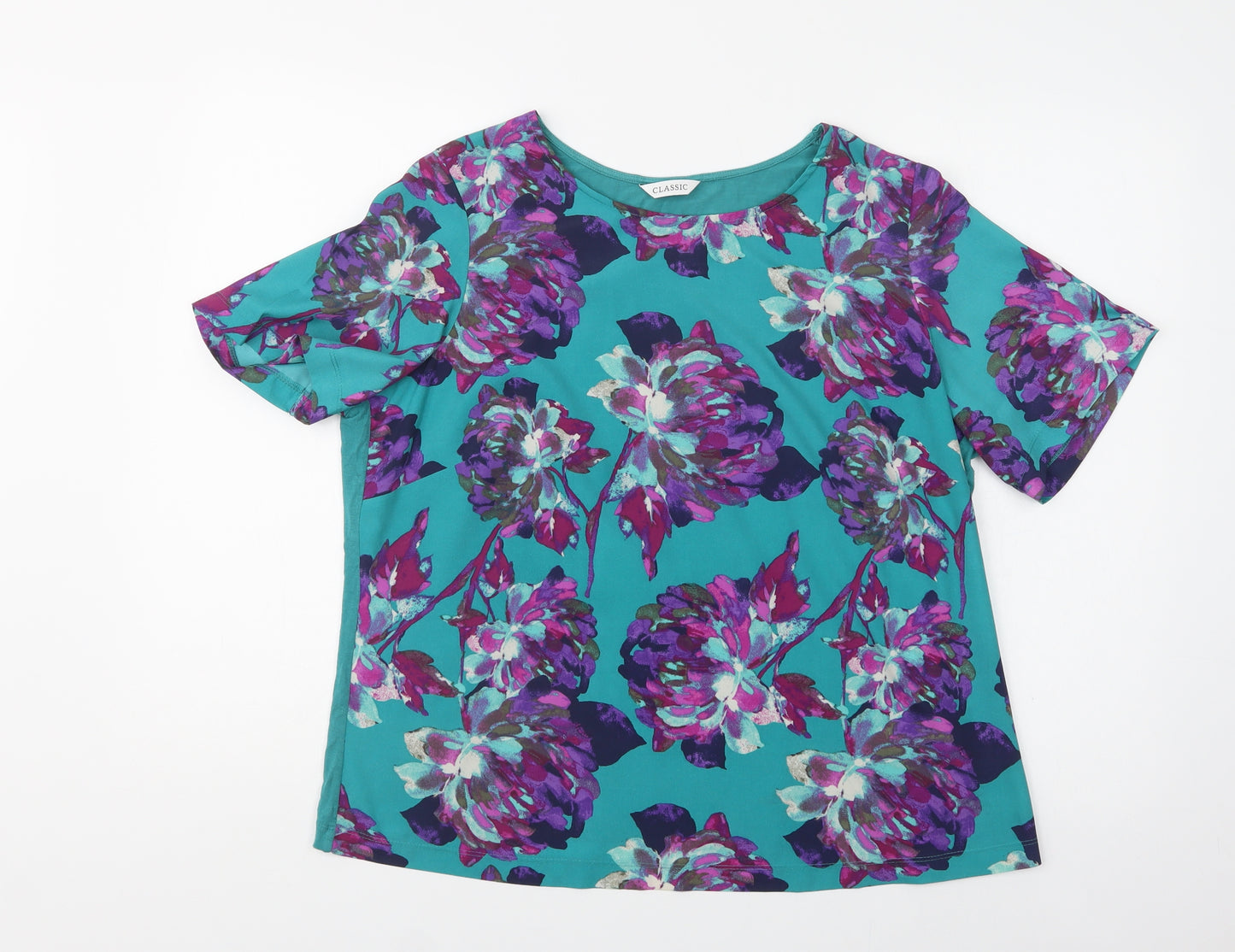 M&S Womens Green Floral Polyester Basic Blouse Size 16 Round Neck