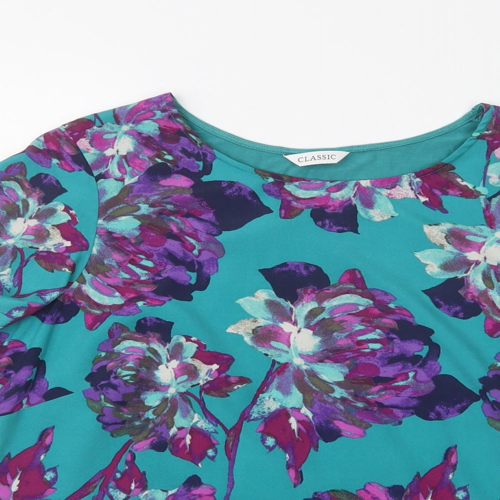 M&S Womens Green Floral Polyester Basic Blouse Size 16 Round Neck