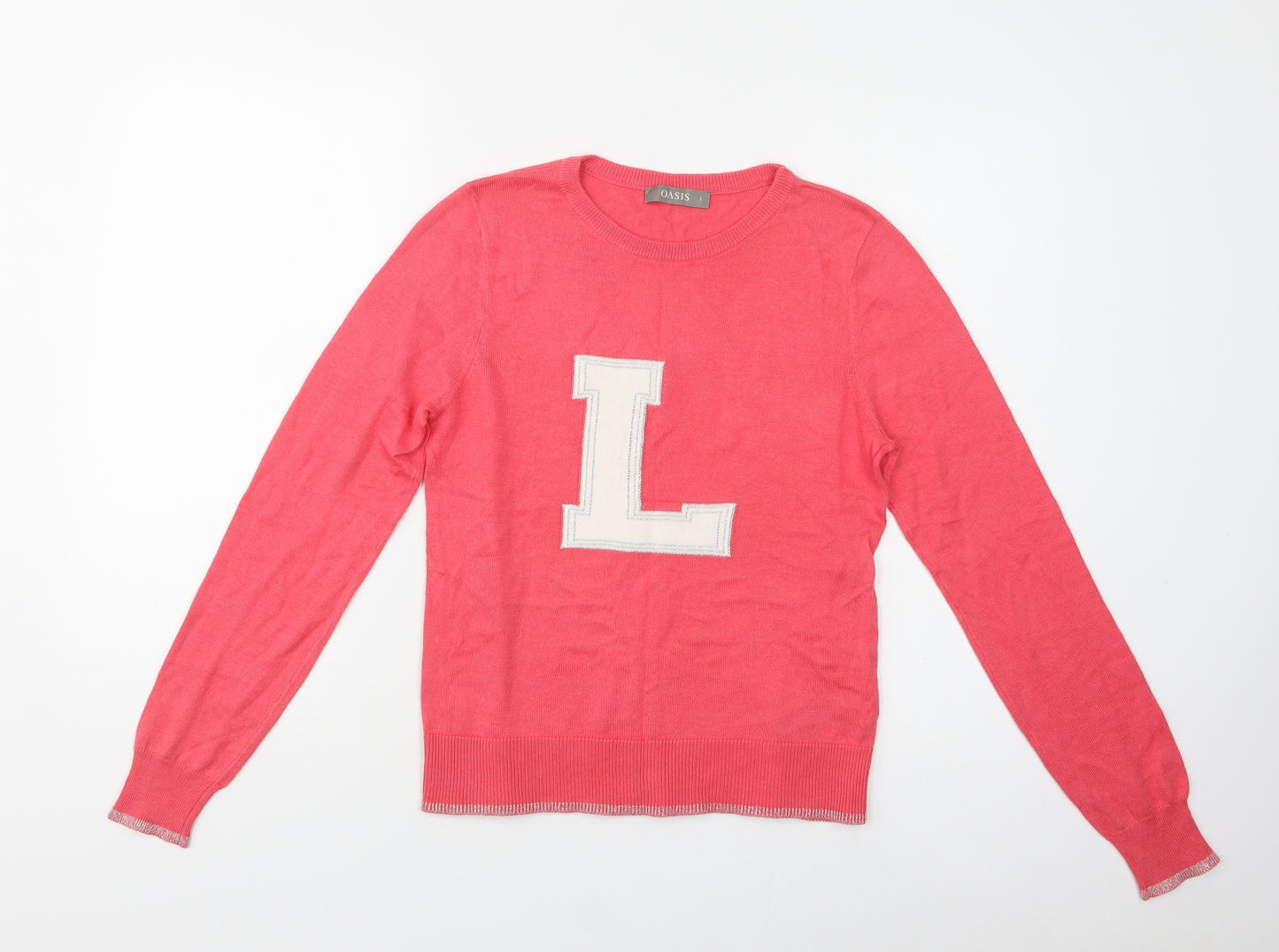 Oasis Womens Pink Crew Neck  Cotton Pullover Jumper Size L