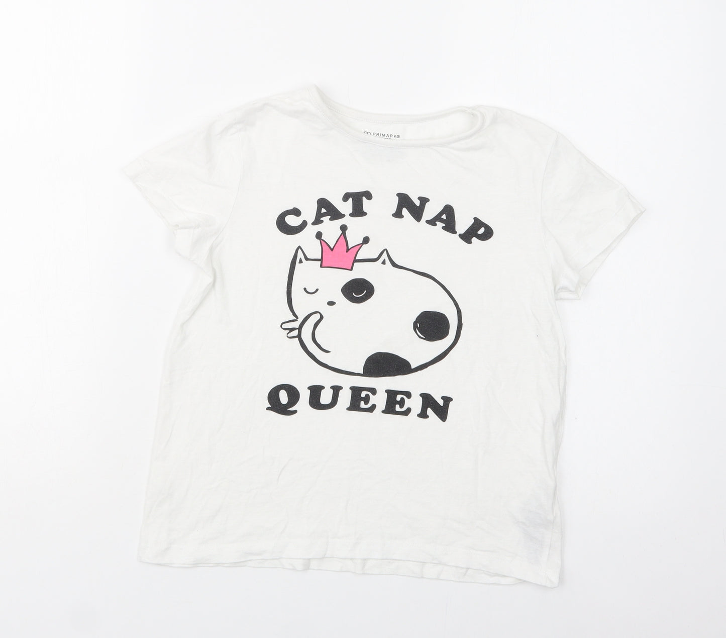 Primark Girls White  Cotton Basic T-Shirt Size 9-10 Years Crew Neck  - Cat Nap