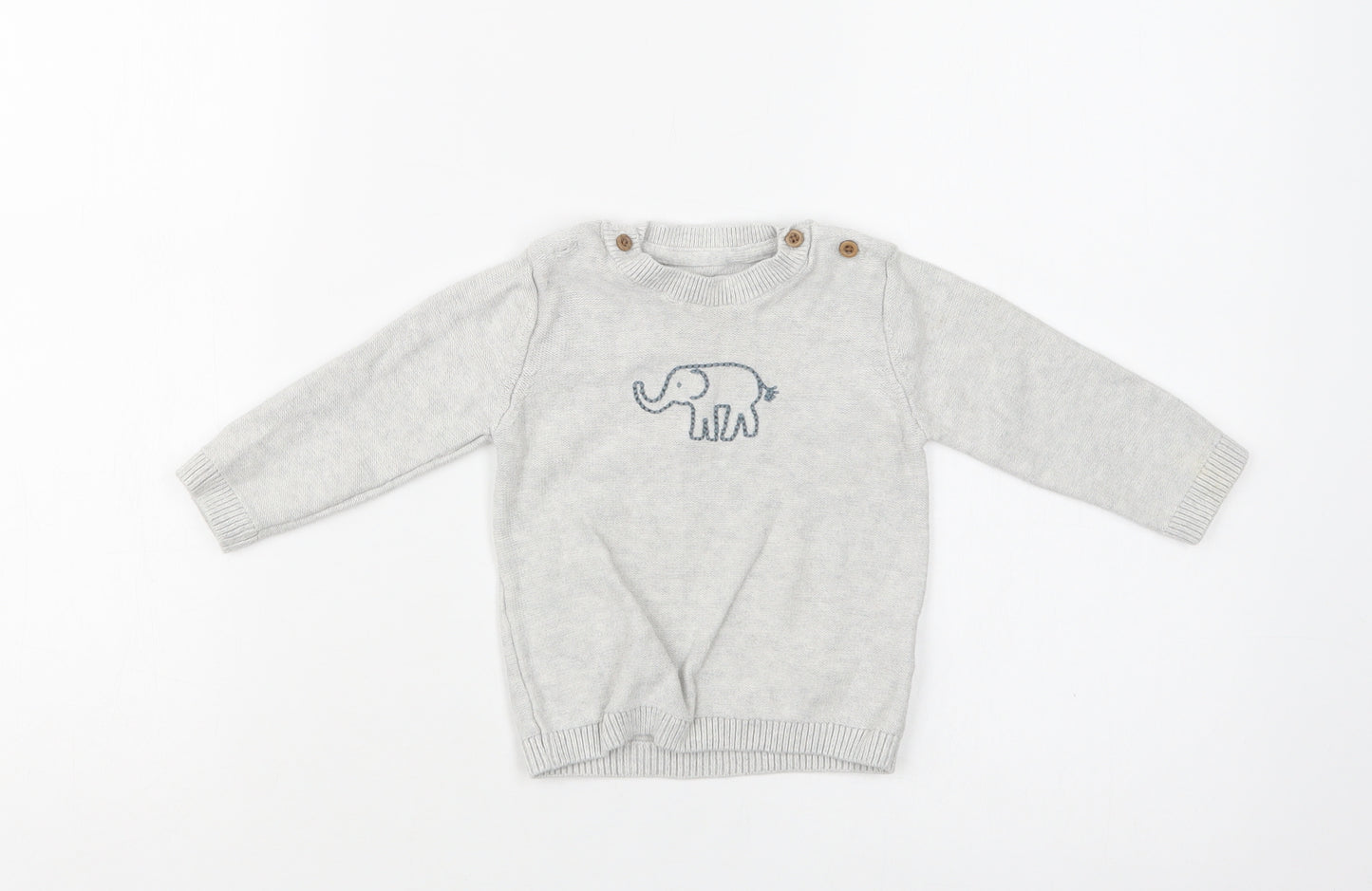 M&S Baby Grey  Cotton Pullover Jumper Size 9-12 Months  Button - Elephant