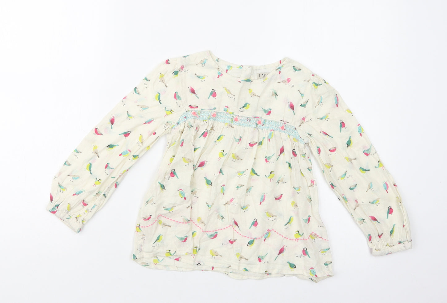 NEXT Girls Ivory Geometric Cotton Basic Blouse Size 4-5 Years Crew Neck Button - Bird Print