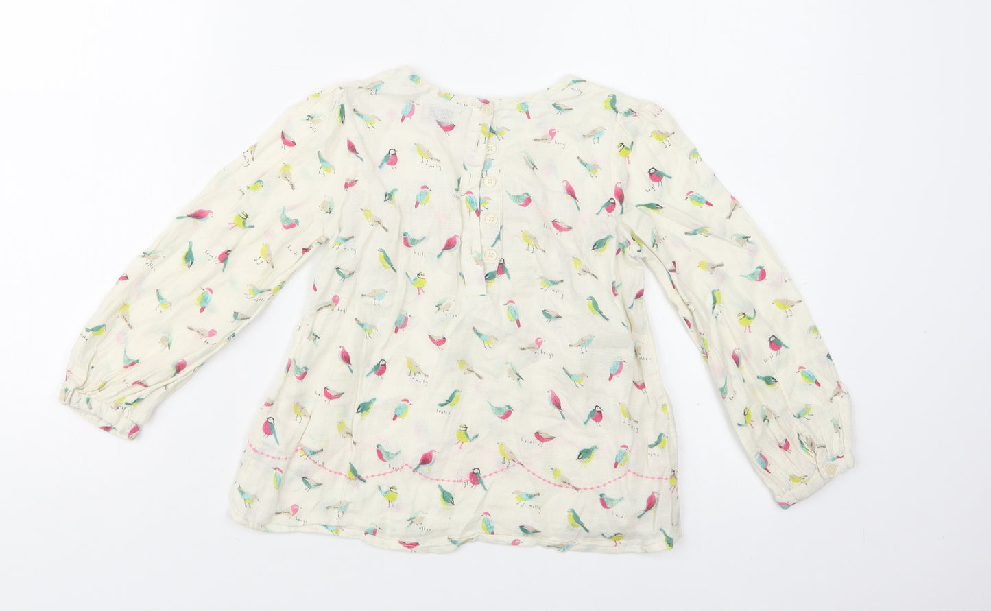 NEXT Girls Ivory Geometric Cotton Basic Blouse Size 4-5 Years Crew Neck Button - Bird Print