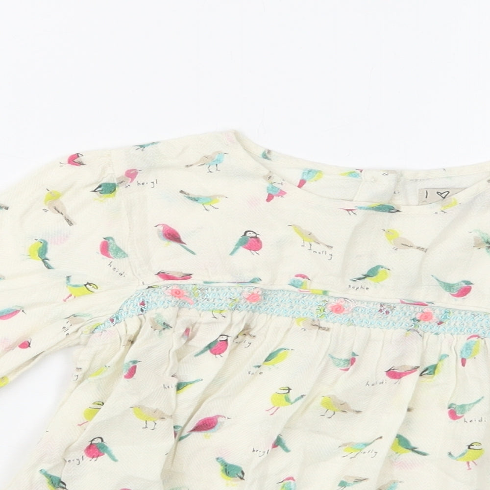 NEXT Girls Ivory Geometric Cotton Basic Blouse Size 4-5 Years Crew Neck Button - Bird Print