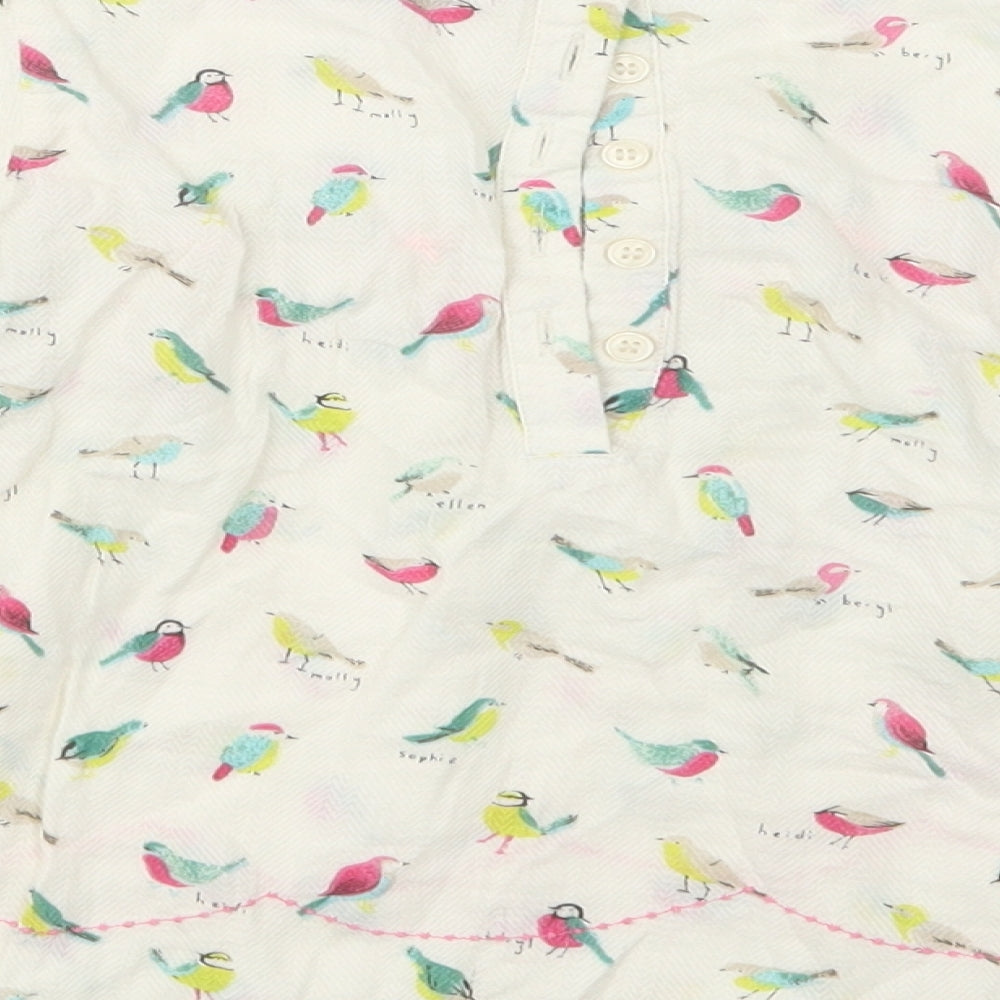 NEXT Girls Ivory Geometric Cotton Basic Blouse Size 4-5 Years Crew Neck Button - Bird Print