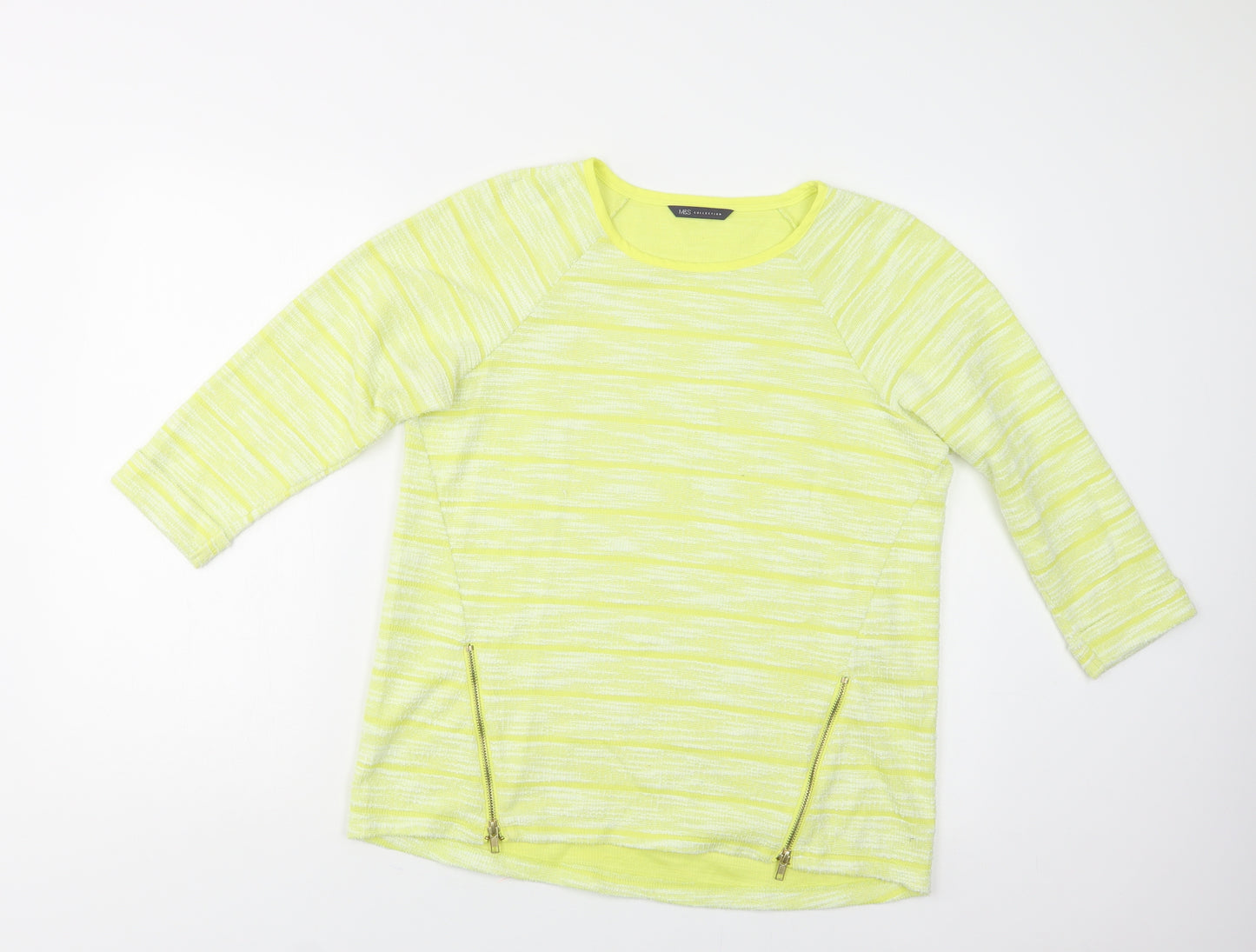 M&S Womens Yellow Crew Neck Striped Polyester Pullover Jumper Size 14