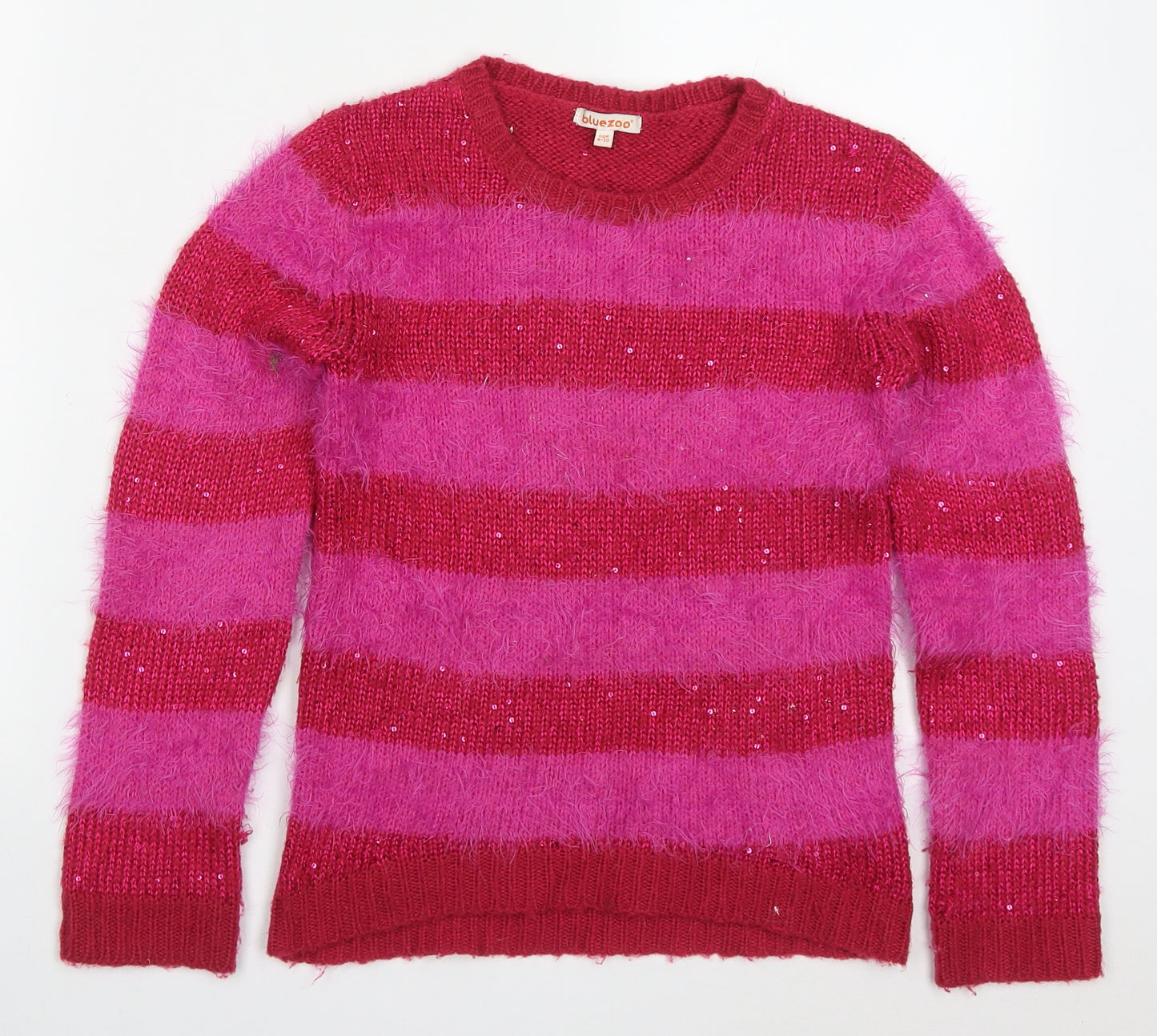 Blue Zoo Girls Pink Round Neck Striped Acrylic Pullover Jumper Size 9-10 Years  Pullover