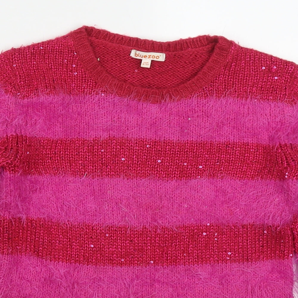 Blue Zoo Girls Pink Round Neck Striped Acrylic Pullover Jumper Size 9-10 Years  Pullover