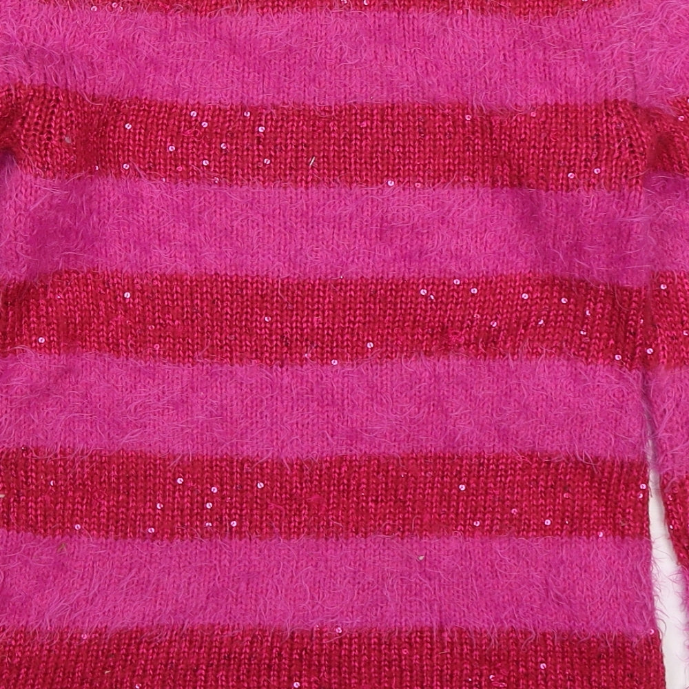 Blue Zoo Girls Pink Round Neck Striped Acrylic Pullover Jumper Size 9-10 Years  Pullover